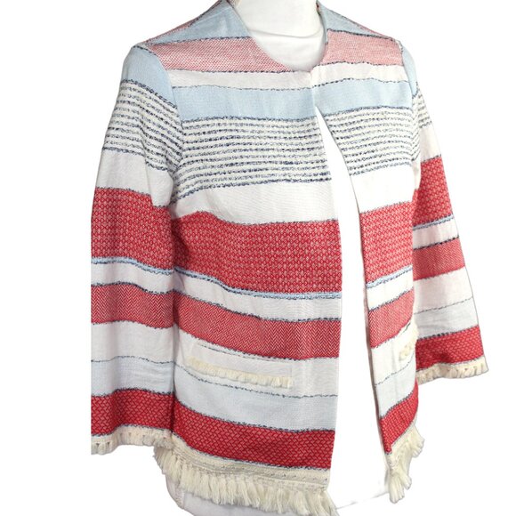 J. McLaughlin Davis Red Blue Cream Mixed Stripe Fringe hem Jacket, Size XS - Picture 4 of 8